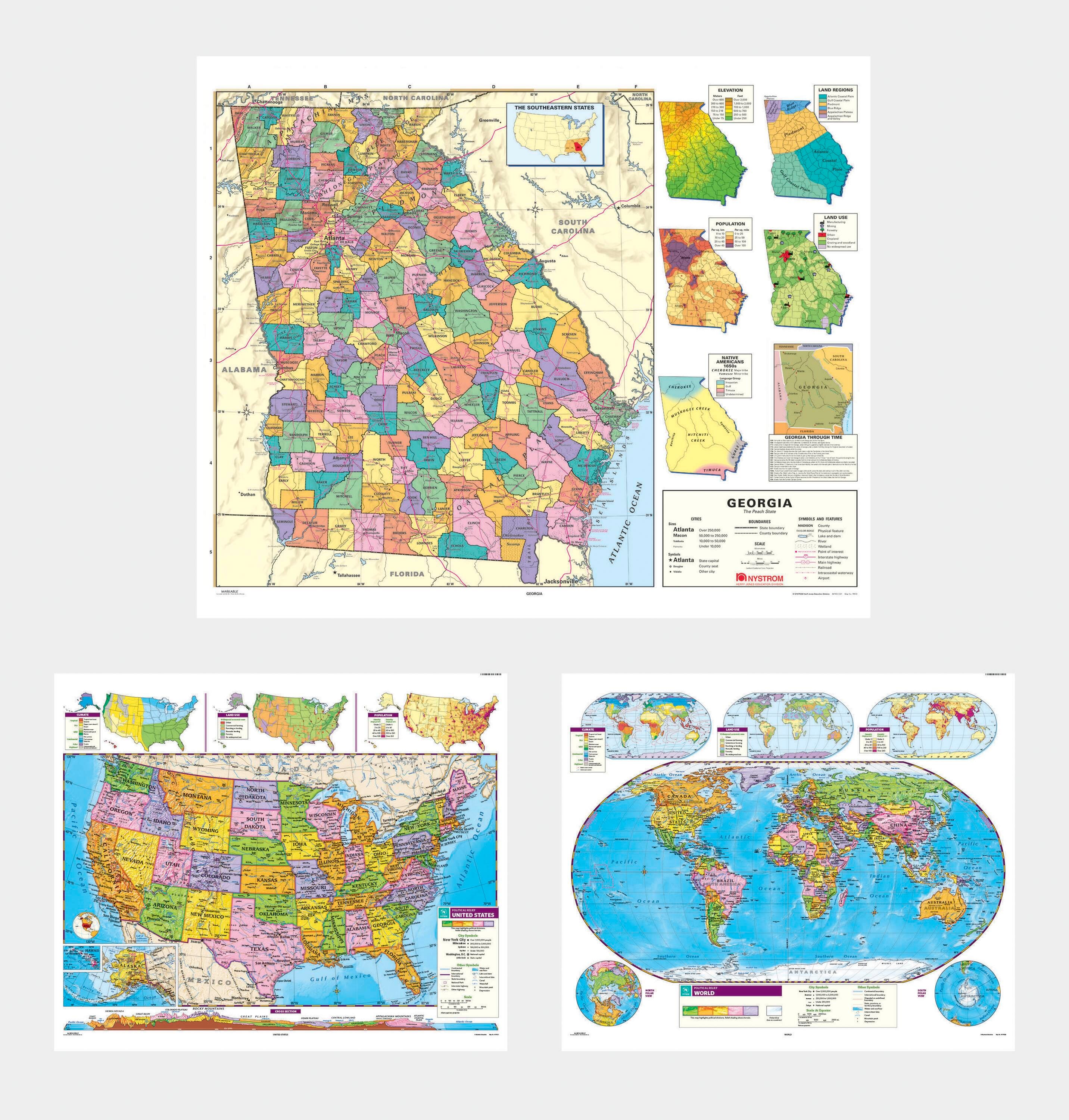 Social Studies GEORGIA/U.S./WORLD MAP COMBO, Markable, Erasable, Grades 4-12, Item Number 1566299
