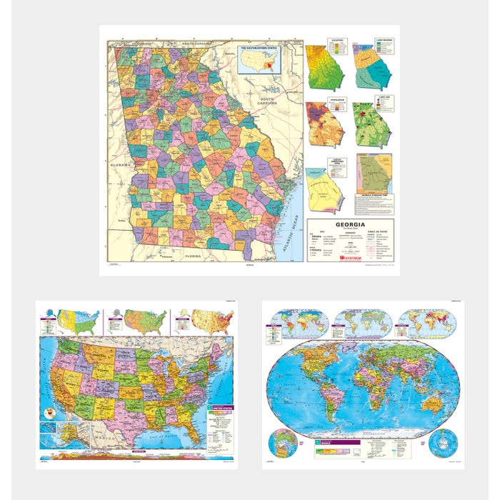 Social Studies GEORGIA/U.S./WORLD MAP COMBO, Markable, Erasable, Grades 4-12