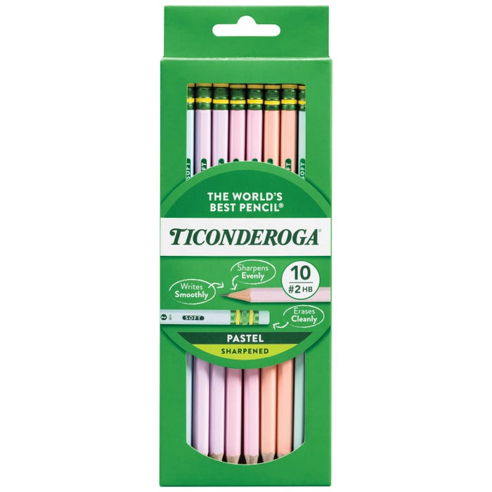 Ticonderoga Wood-Cased Pencils, No 2 HB, Sharpened, Assorted Pastel Colors, Pack of 10