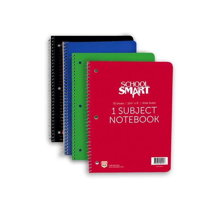 School Smart Spiral Wide Ruled Notebook (Color May Vary), 10-1/2 x 8 Inches, 70 Sheets