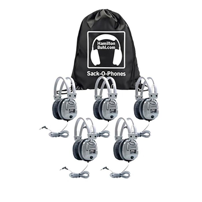 HamiltonBuhl Sack-O-Phones Deluxe Headphones with Volume Control and Carry Bag, Silver, Pack of 5