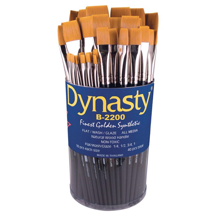Dynasty Brush B-2200 Cylinder Golden Synthetic Brushes, Short Lacquered Wood Handle, Assorted Sizes, Black, Set of 40