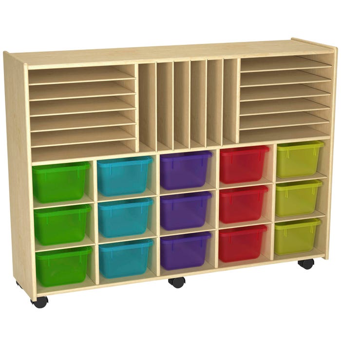 Childcraft Mobile Store-and-Stack Storage Unit, Locking Casters, 15 Translucent-Color Bins, 47-3/4 x 14-1/4 x 36 Inches
