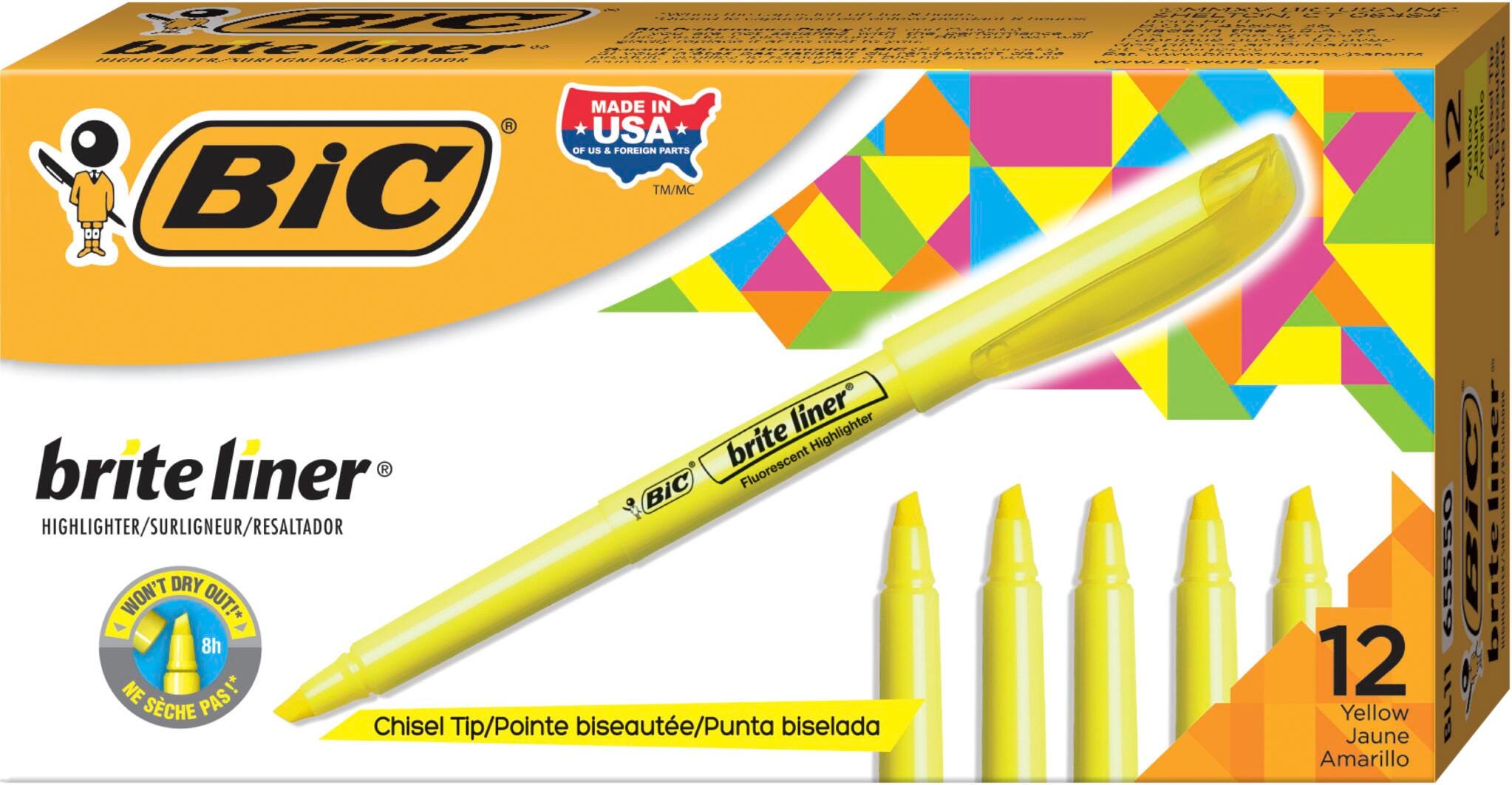 BIC Brite Liner Highlighter, Chisel Tip, Fluorescent Yellow, Pack of 12 077279