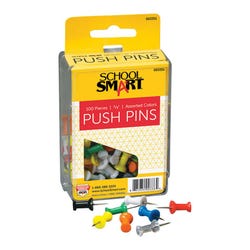 School Smart Push Pin for Bulletin Boards, 3/8 in L, 1/2 in Head, Plastic Head/Steel Point, Assorted Color, Pack of 100