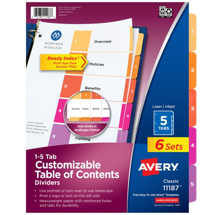 Avery Ready Index Dividers, 5 Tab, 1-5, Assorted Colors, 6 Sets