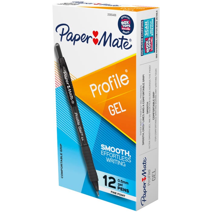 Paper Mate Profile Retractable Gel Pens, Fine Point, 0.5 mm, Black, Pack of 12