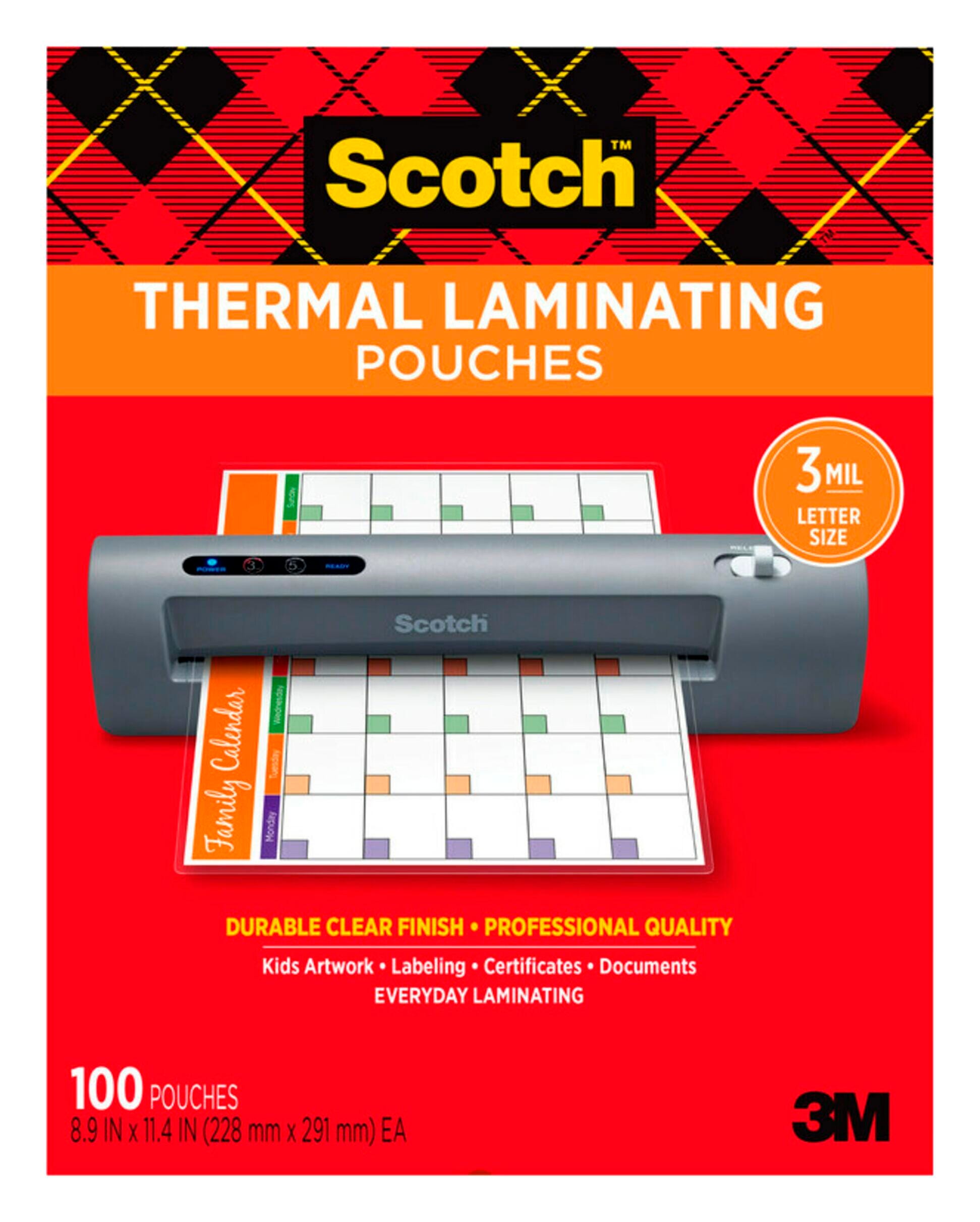 Image for Scotch Thermal Laminating Pouches, Letter Size, 3 mil Thick, Pack of 100 from School Specialty