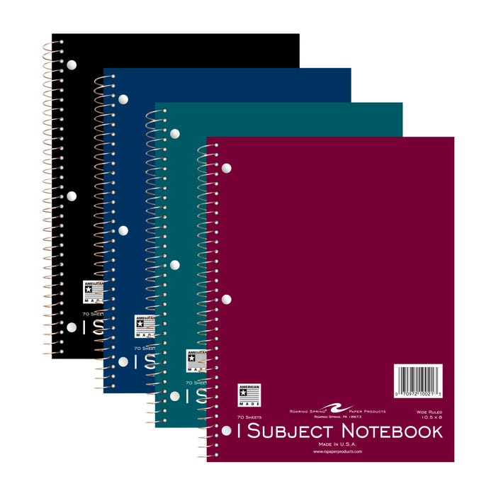 Roaring Spring Wirebound Wide Ruled Notebook, 10-1/2 x 8 Inches, Assorted Colors