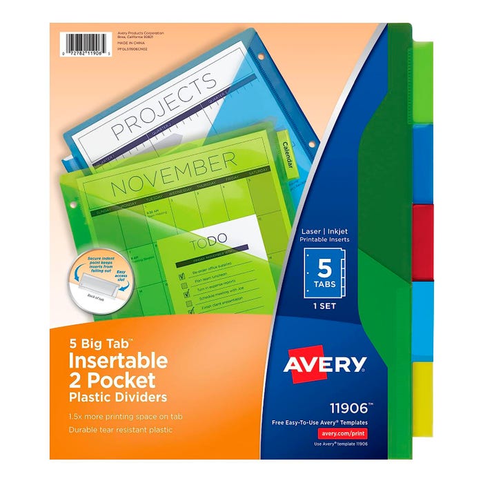 Avery Big Tab Plastic Insertable Dividers, 5 Tab, Multi-Color, Two Pockets