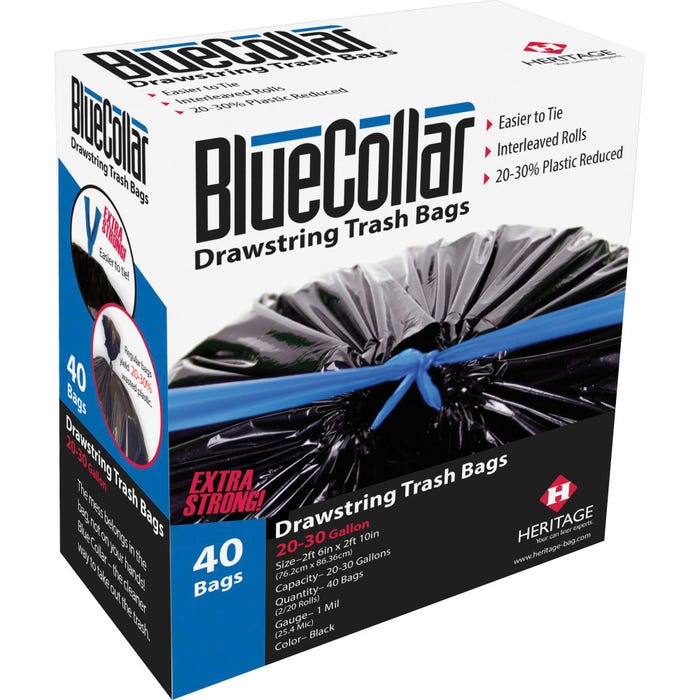 BlueCollar Drawstring Tall Kitchen Trash Can Liners, 30 Gallon, Black, Pack of 40