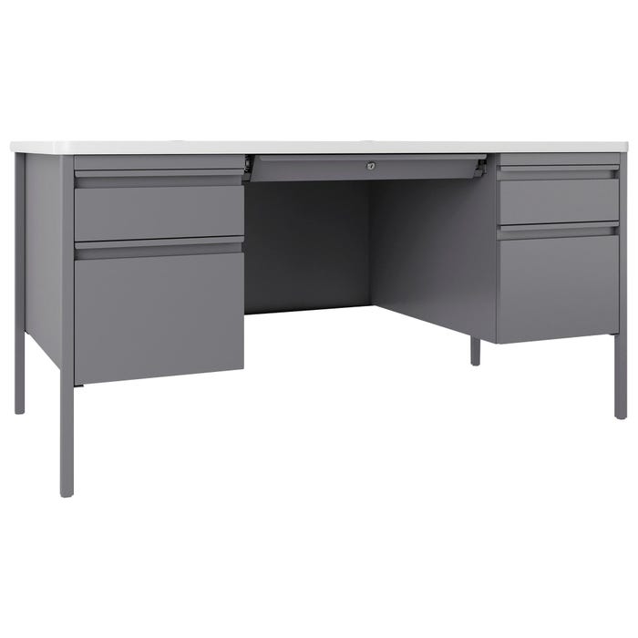 Lorell Fortress White/Platinum Steel Teachers Desk, Double Pedestal, 60 x 30 x 29-1/2 Inches, White/Platinum