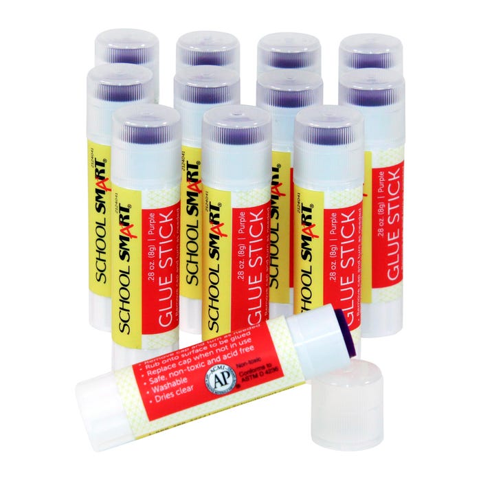 School Smart Glue Sticks, 0.28 Ounces, Purple and Dries Clear, Pack of 12