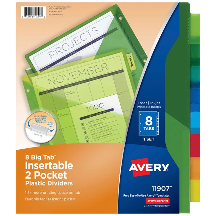 Avery Big Tab Plastic Insertable Dividers, 8 Tab, Multi-Color, Two Pockets