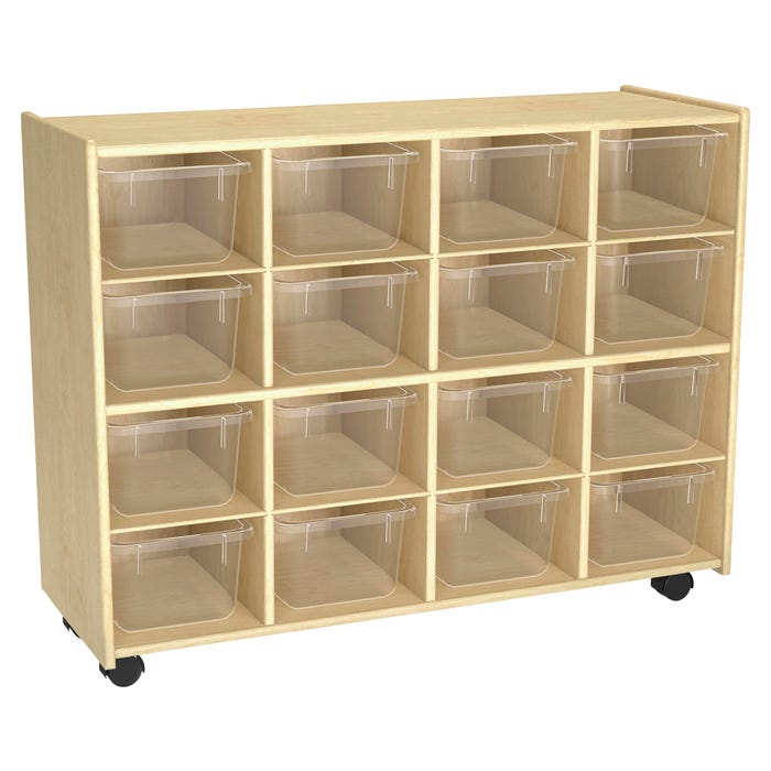 Childcraft Mobile Cubby Unit with Locking Casters, 16 Clear Bins, 38-5/16 x 14-1/4 x 30 Inches