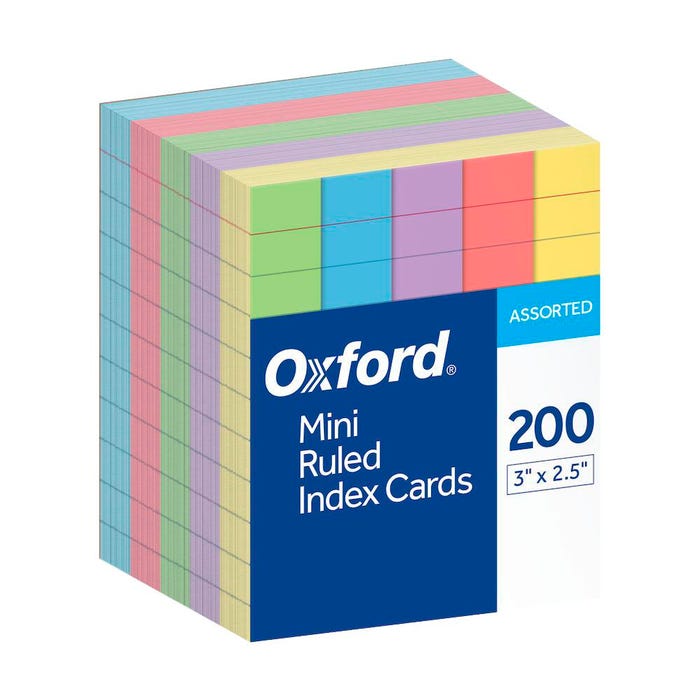 Oxford Mini Ruled Index Cards, 3 x 2-1/2 Inches, Assorted Colors, Pack of 200