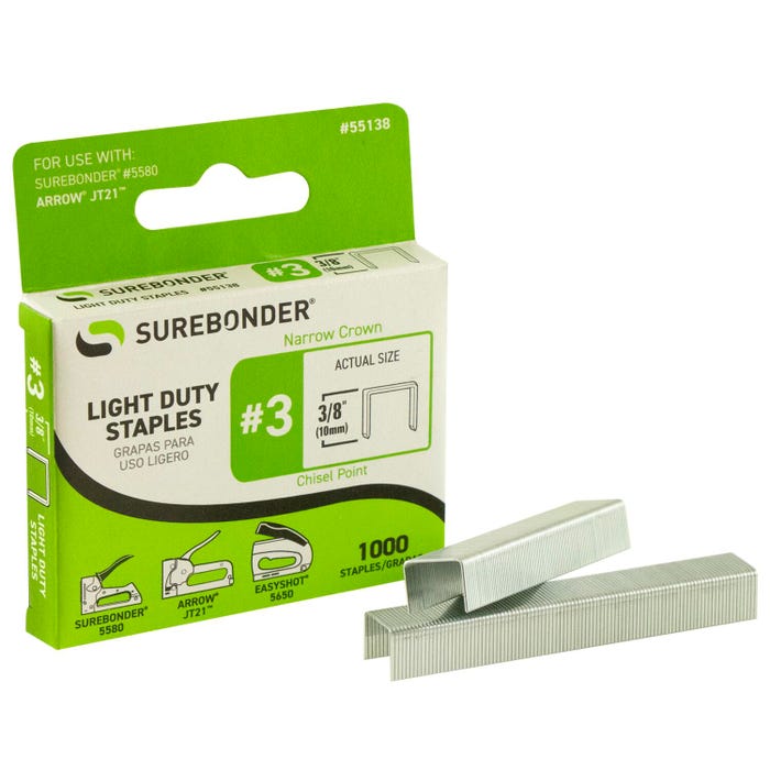 Surebonder Number 3 Staples, Light Duty, 3/8 Inch Narrow Crown, Pack of 1000