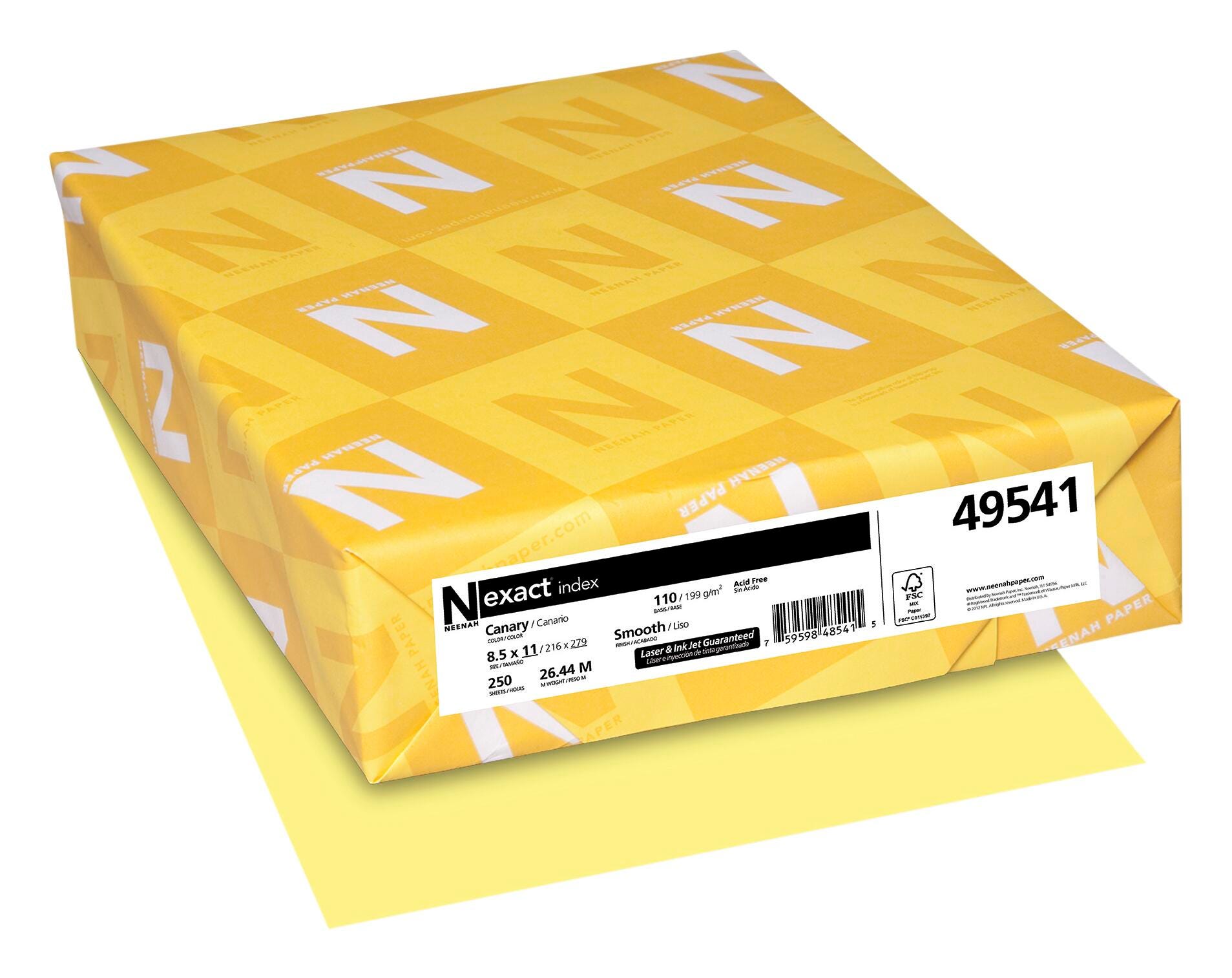 Neenah Paper Exact Index Colored Cardstock, 8-1/2 x 11 Inches, 110 lb, Canary, 250 Sheets, Item Number 2103390