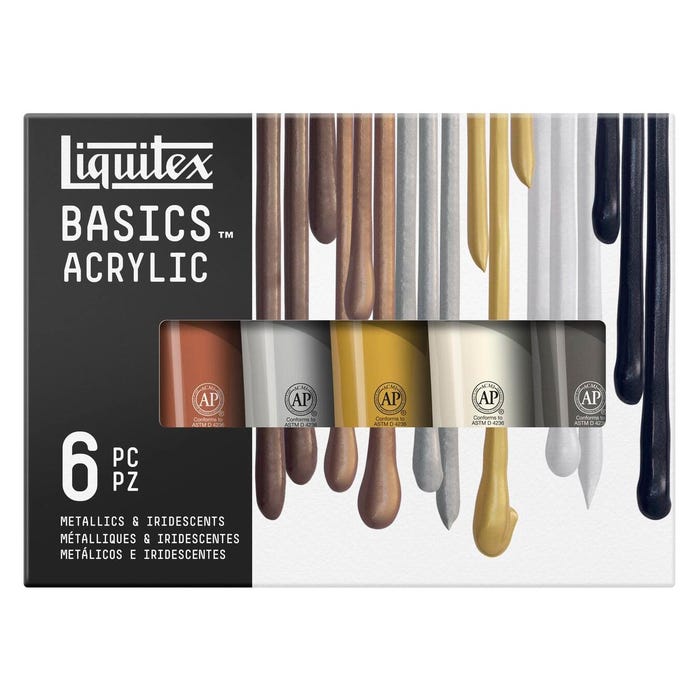 Liquitex Basics Acrylic Paint, Metallics & Iridescents, 0.74 Fluid Ounce Tubes, Assorted Colors, Set of 6