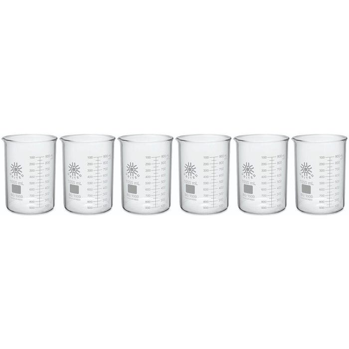 United Scientific Low Form Beakers, Borosilicate Glass, 1000 Milliliters, Set of 6