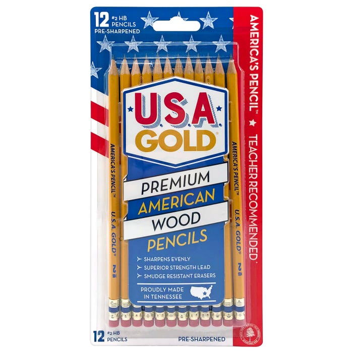 USA Gold Woodcase Pencils, No 2, Pre-Sharpened, Pack of 12