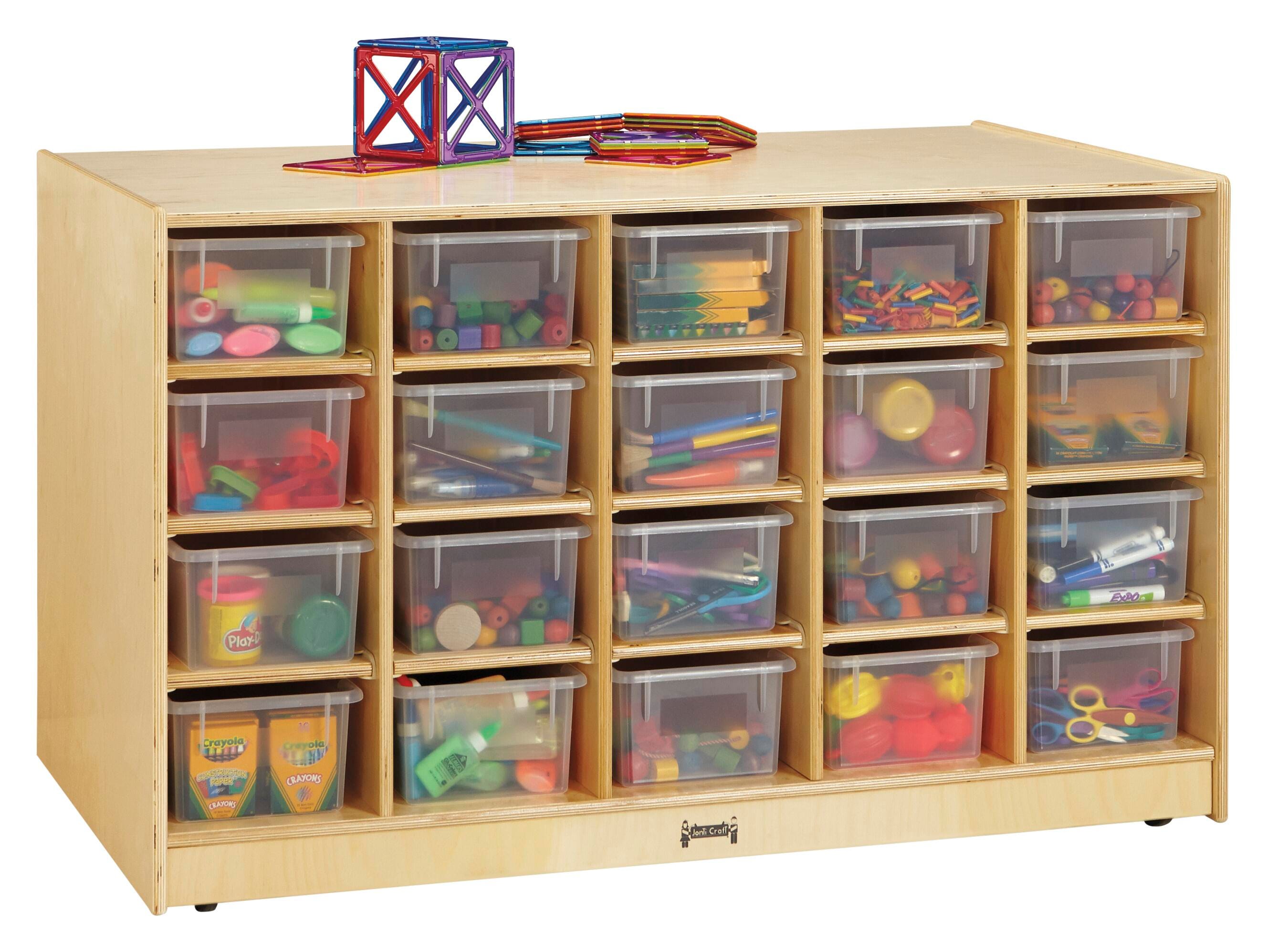 Jonti-Craft Double-Sided Island, Single + 20 Cubbie-Tray, 48 x 28-1/2 x 29-1/2 Inches, Clear Trays, Item Number 2105235