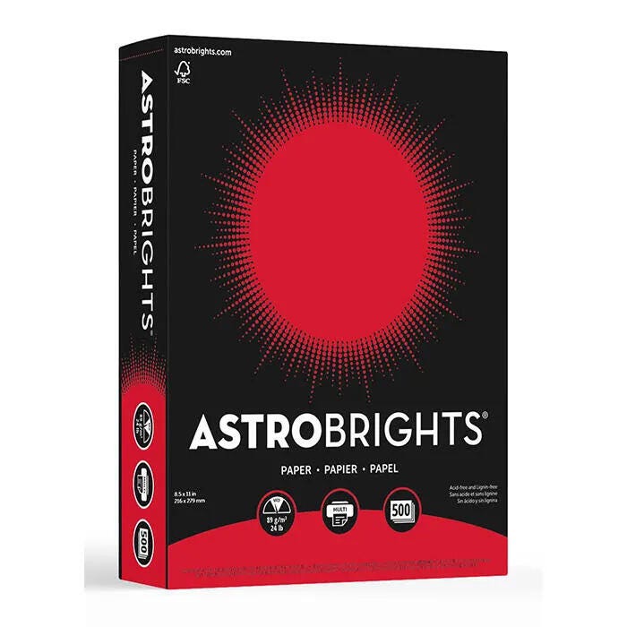 Astrobrights Premium Colored Paper, 8-1/2 x 11 Inches, 24 lbs, Re-Entry Red, 500 Sheets