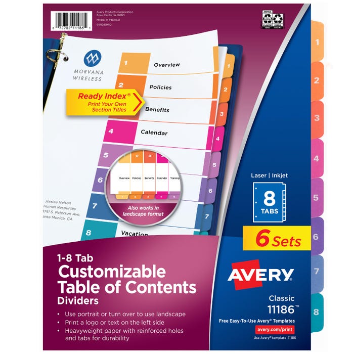 Avery Ready Index Dividers, 8 Tab, 1-8, Assorted Colors, 6 Sets