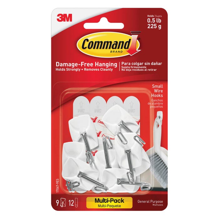 Command Wire Hooks with Adhesive Strips, Small, 1/2 Pound Capacity, White, Pack of 9