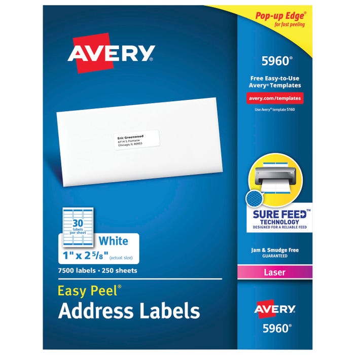 Avery Easy Peel Address Labels, Laser, 1 x 2-5/8 Inches, Pack of 7500