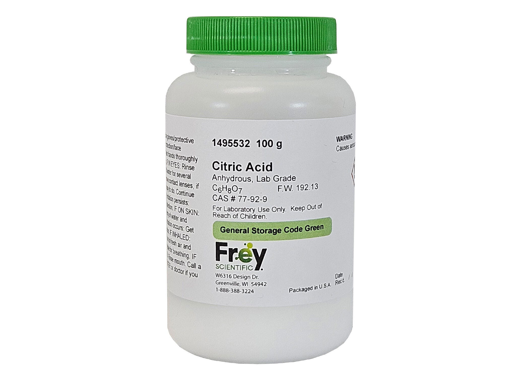 Frey Scientific Citric Acid Anhydrous, White, C6H8O7, Crystalline Powder, Lab Grade 1495532