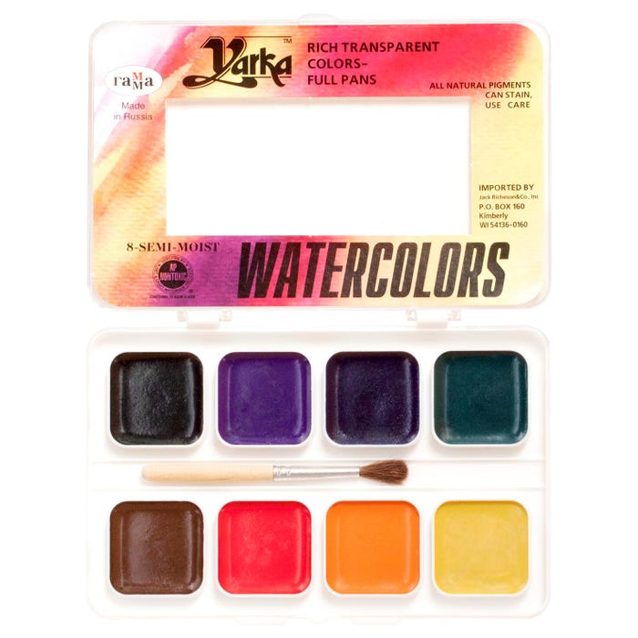 Yarka Non-Toxic Semi-Moist Students Watercolor Paint Set with Brush, Plastic Full Pan, 8 Assorted Brilliant Colors