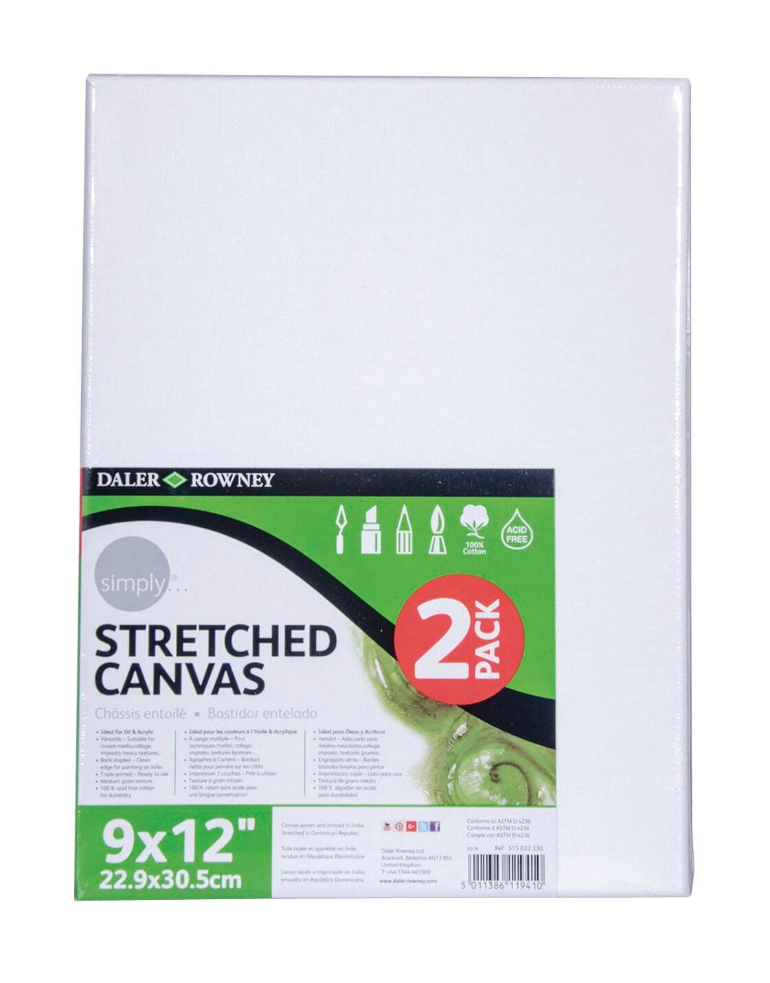 Daler-Rowney Simply Stretched Canvas, 9 x 12 Inches, Pack of 2, Item Number 2103504