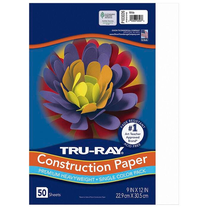 Tru-Ray Sulphite Construction Paper, 9 x 12 Inches, White, 50 Sheets
