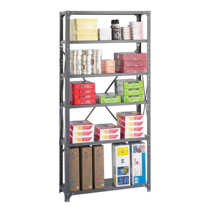 Safco Shelving, 36 in W X 12 in D, Dark Gray, 6-Shelves
