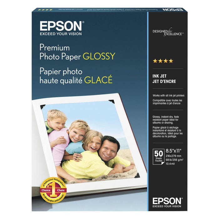 Epson Premium Photo Paper, 8-1/2 x 11 Inches, Glossy, 68 lb, White, 50 Sheets
