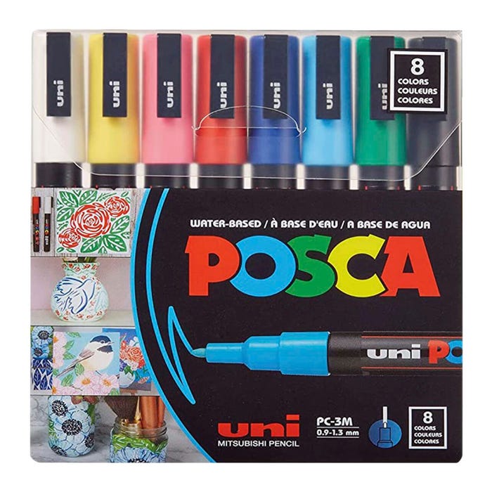 uni® POSCA PC-3M Water-Based Paint Markers, Reversible Fine Tip (0.9-1.3mm), Assorted Colors, 8 Pack