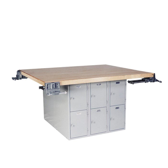 Montisa 4 Station Workbench with 12 Vertical Lockers and 4 Vises