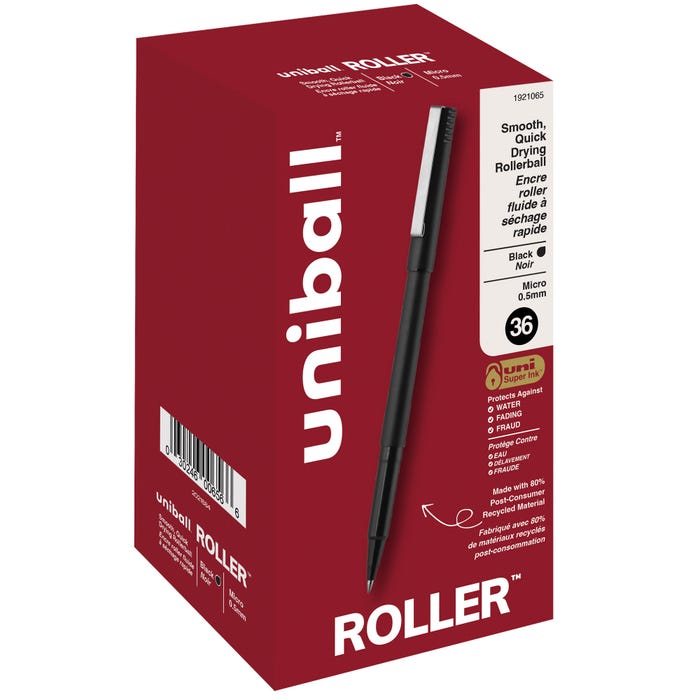 uniball Roller Ball Stick Pens, 0.5 mm Micro Tip, Black, Pack of 36