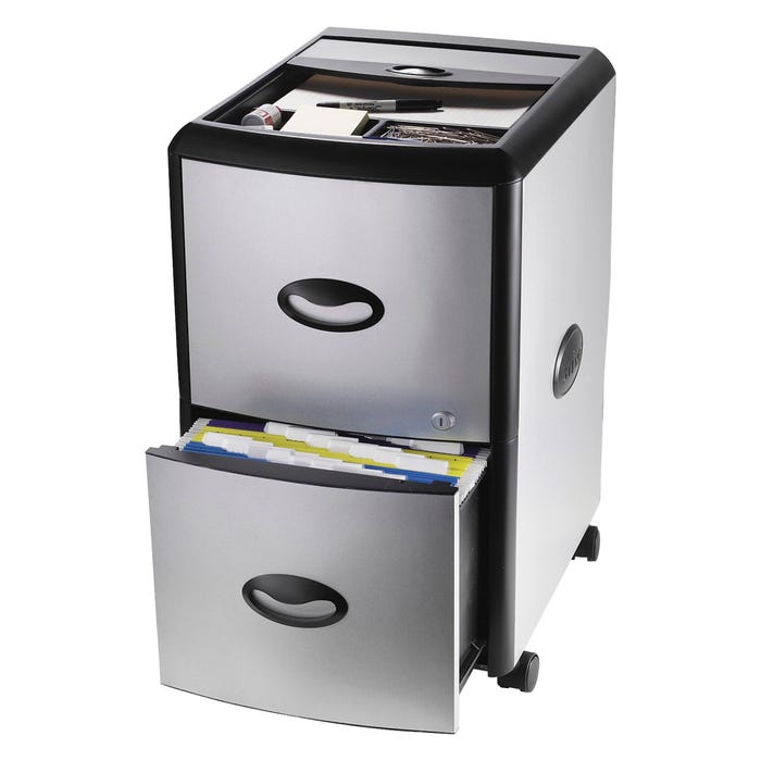 Storex 2-Drawer Brushed Metal Filing Cabinet, 19 x 15 x 23 Inches, Black/Aluminum