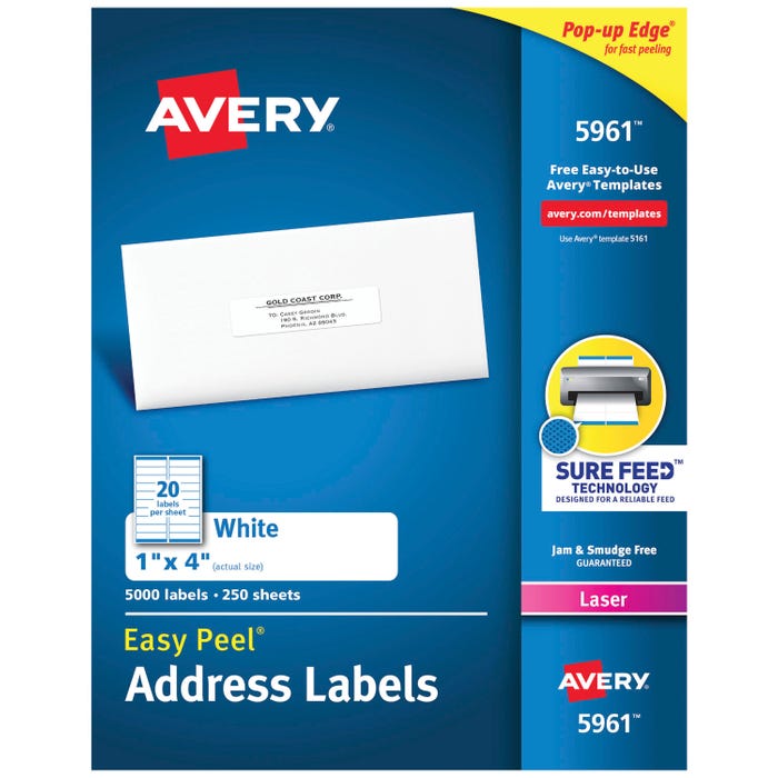 Avery Easy Peel Address Labels, Laser, 1 x 4 Inches, Pack of 5000