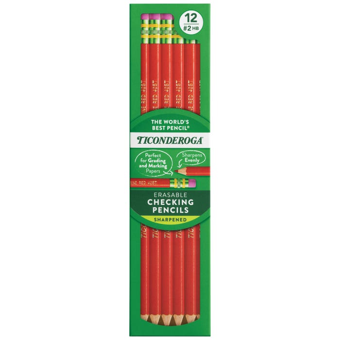 Ticonderoga Erasable Checking Pencils, No 2 HB, Sharpened, Red, Pack of 12
