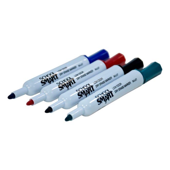 School Smart Dry Erase Markers, Bullet Tip, Low Odor, Assorted Colors, Pack of 4