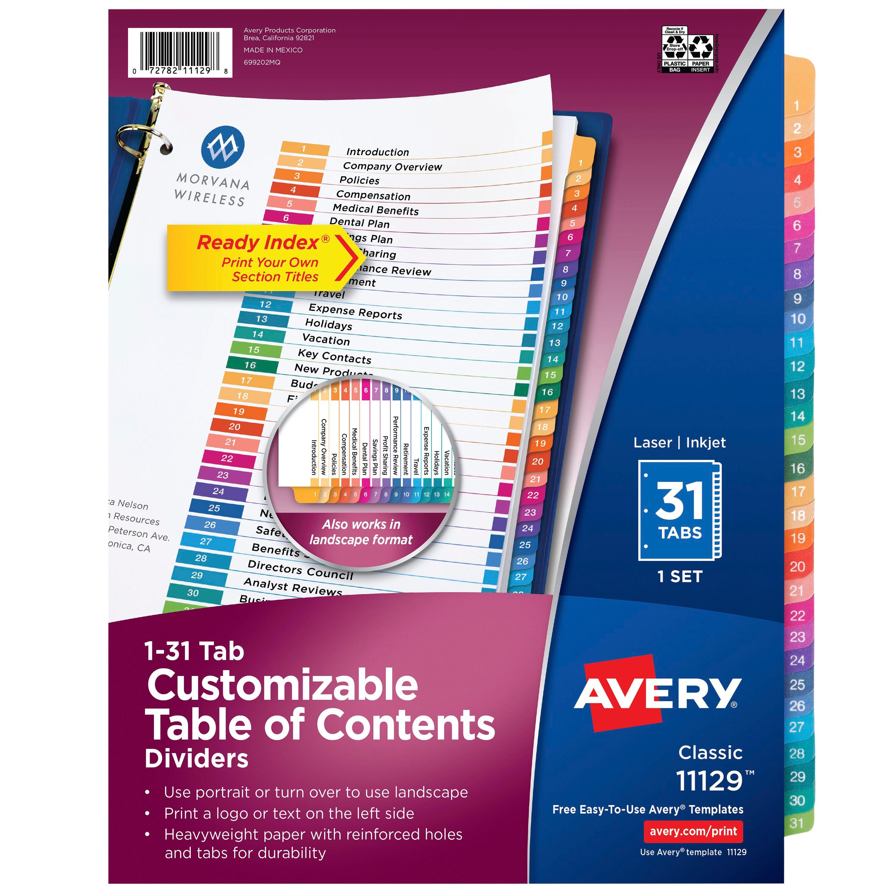 Image for Avery Ready Index Dividers, 31 Tab, 1-31, Assorted Colors, 1 Set from School Specialty