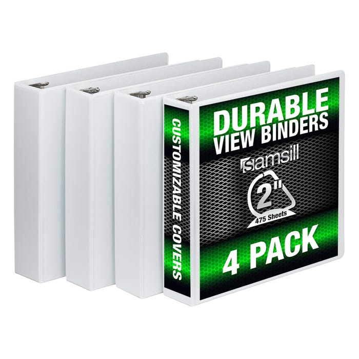 Samsill D-Ring View Binder, 2 Inches, White, Pack of 4