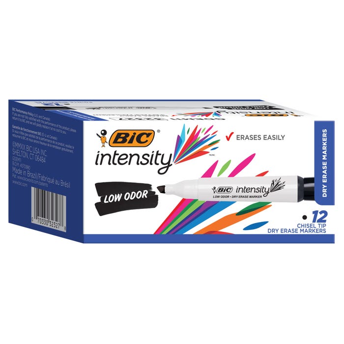 BIC Intensity Low Odor Dry Erase Markers, Chisel Tip, Black, Pack of 12