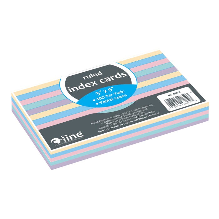 C-Line Index Cards, 3 x 5 Inches, Ruled, Assorted Colors, Pack of 100