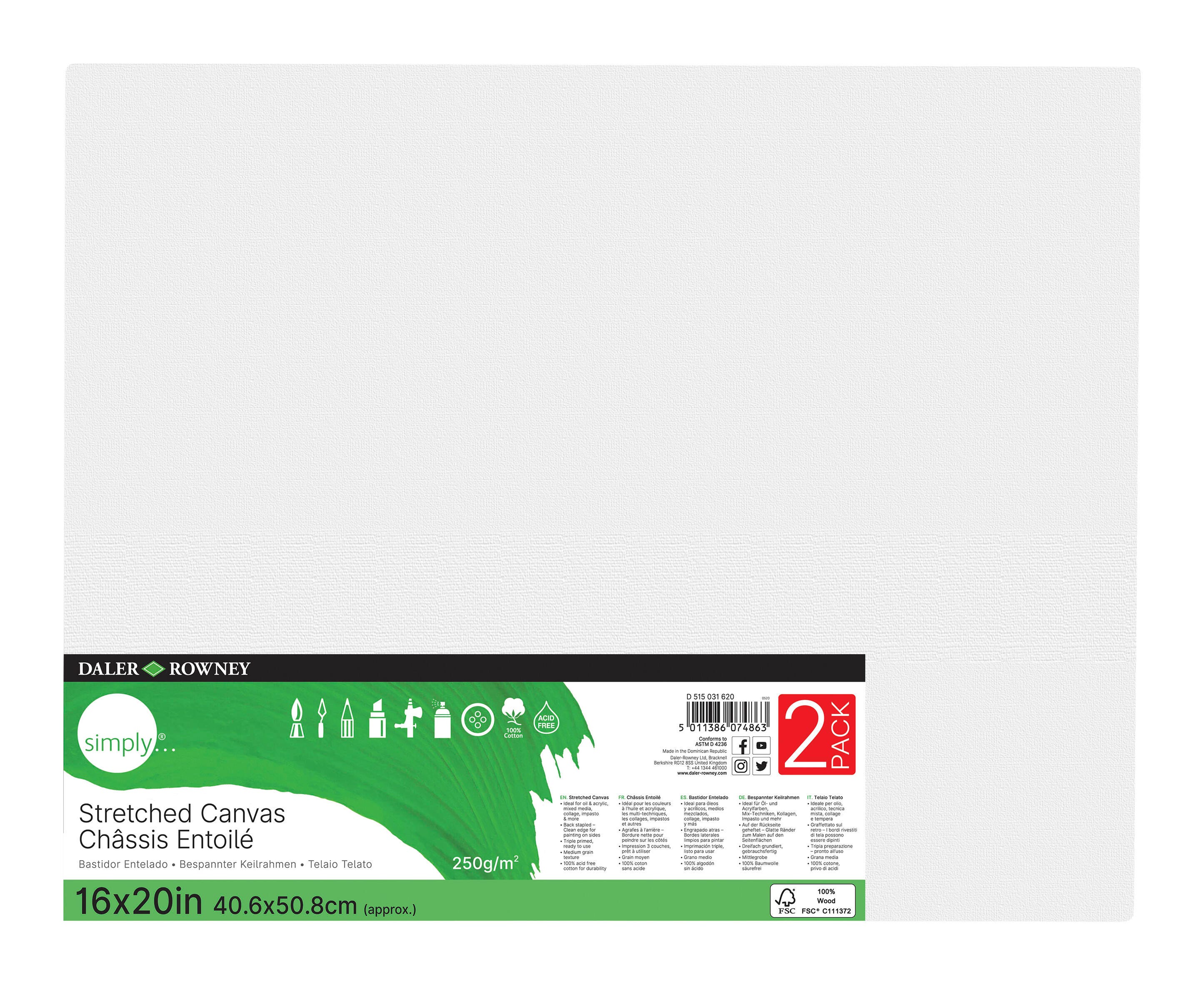 Daler-Rowney Simply Stretched Canvas, 16 x 20 Inches, Pack of 2, Item Number 2103508