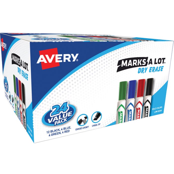Avery Marks-A-Lot Desk-Style Dry Erase Low Odor Dry Erase Marker, Chisel Tip, Assorted Colors, Set of 24