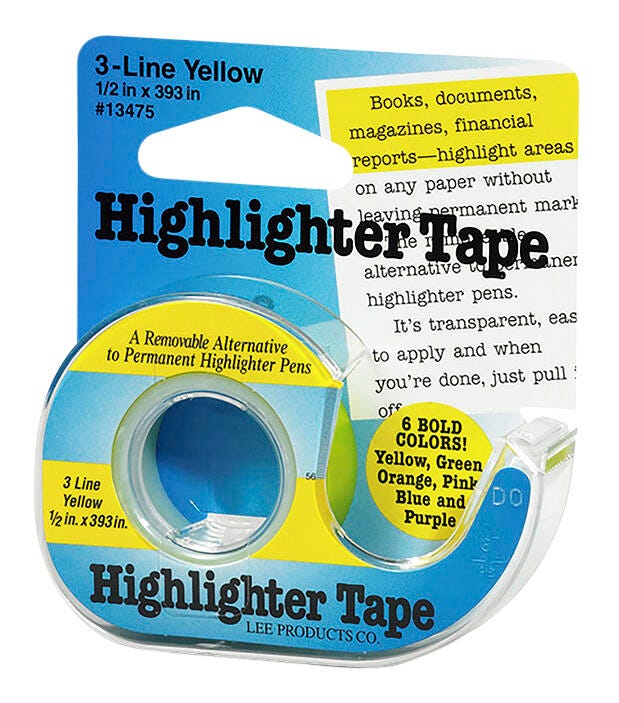 Lee 3-Line Removable Highlighter Tape, 1/2 X 393 inches with Dispenser, Yellow 038849